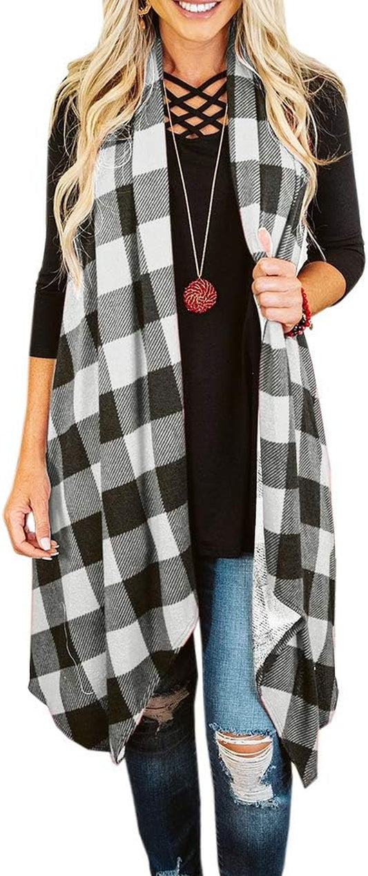 Chic & Cozy ✨ Women's Plaid Sleeveless Duster Cardigan – Lightweight, Open Front with Pockets for Effortless Style!