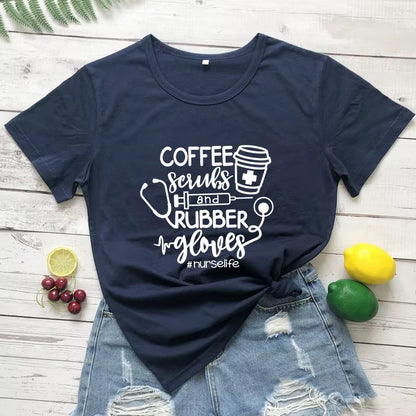 For the Love of Coffee & Nursing! ☕💉 'Coffee Scrubs & Rubber Gloves' Funny Nurse Life T-Shirt – Perfect for Nurses Who Love Their Caffeine!