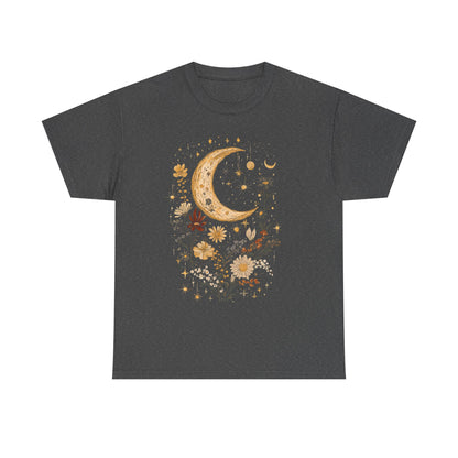 Moonlit Floral Unisex Heavy Cotton Tee | Nature Vibe, Gift for Her, Boho Style, Starry Night, Occasions