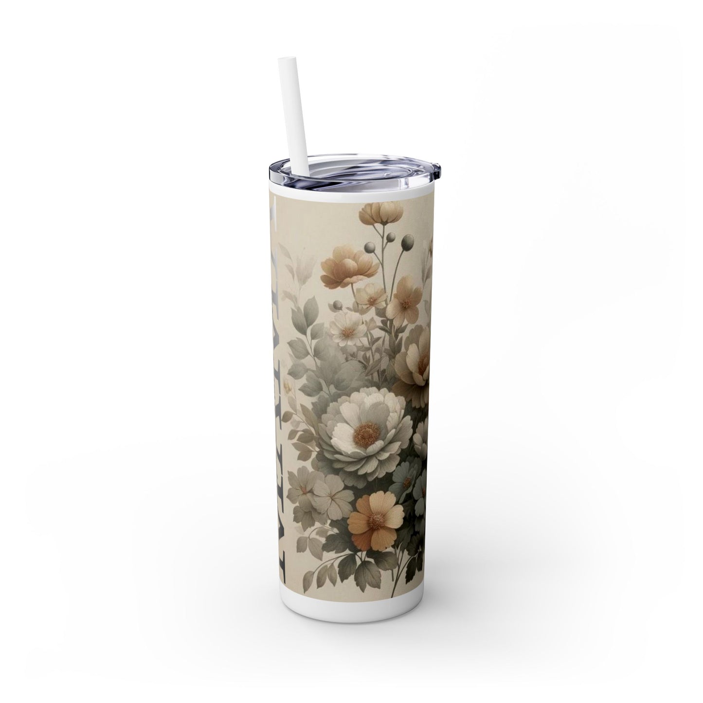 Personalized Floral Skinny Tumbler with Straw, 20oz | Custom Drinkware, Travel Mug, Gift for Her, Coffee Cup, Eco-Friendly