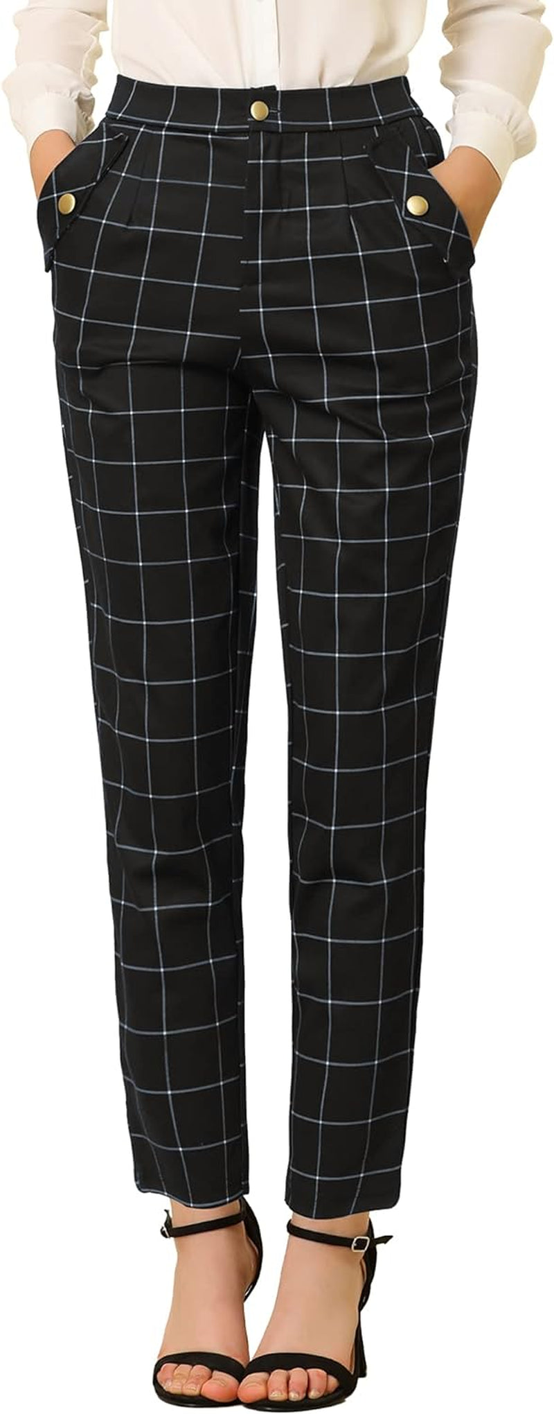 Women'S Vintage Tartan Plaid Pants Elastic Waist Straight Long Trousers