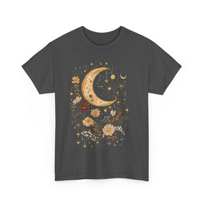 Moonlit Floral Unisex Heavy Cotton Tee | Nature Vibe, Gift for Her, Boho Style, Starry Night, Occasions