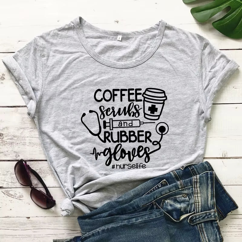 For the Love of Coffee & Nursing! ☕💉 'Coffee Scrubs & Rubber Gloves' Funny Nurse Life T-Shirt – Perfect for Nurses Who Love Their Caffeine!