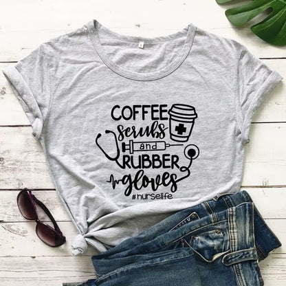 For the Love of Coffee & Nursing! ☕💉 'Coffee Scrubs & Rubber Gloves' Funny Nurse Life T-Shirt – Perfect for Nurses Who Love Their Caffeine!