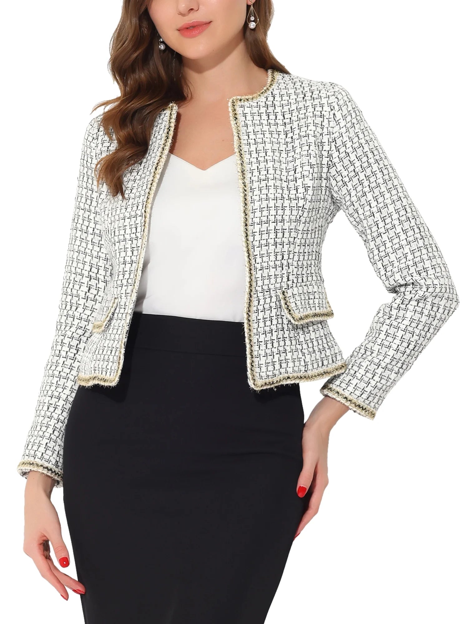 Elevate Your Office Look ✨ Women’s Plaid Tweed Open-Front Blazer – Chic & Sophisticated for Every Professional Wardrobe!