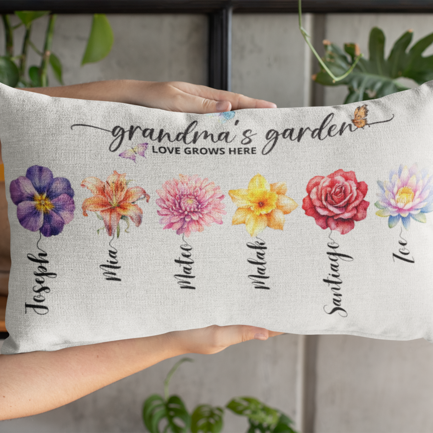 Floral Lumbar Pillow, Grandmas Garden Decorative Cushion, Home Décor Gift, Personalized Throw Pillow for Garden Lovers, Housewarming