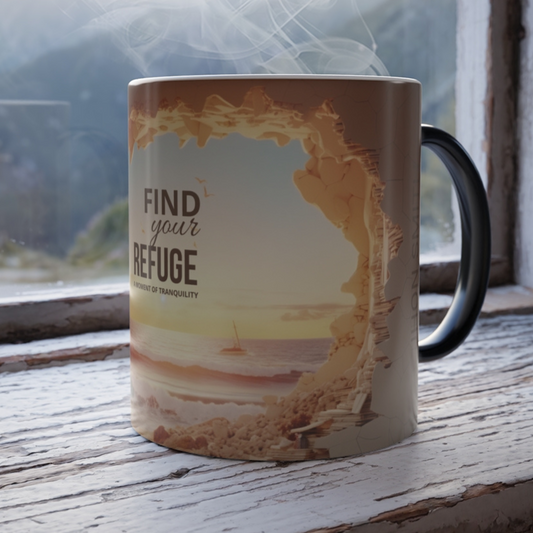 Find Your Refuge Color Morphing Mug, Coastal Aroma Drinkware, Unique Gift for Beach Lovers, Personalized Beach Decor, Ideal for Relaxation