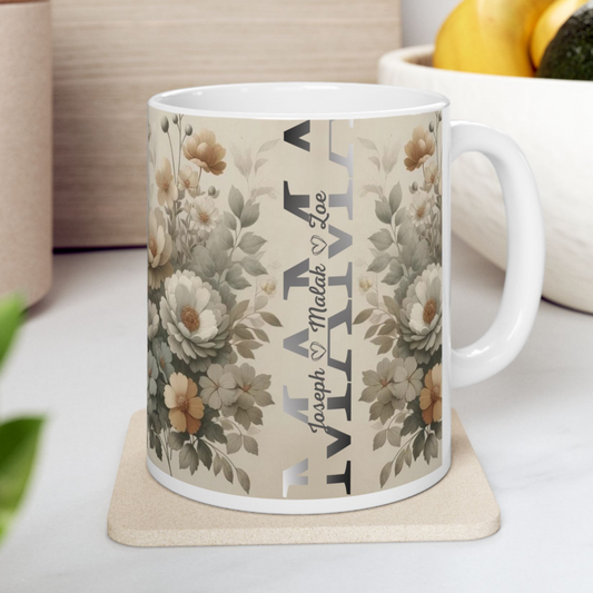 Botanical Floral Ceramic Mug, Vintage Flower Design, 11oz, 15oz Coffee Cup, Elegant Gift for Garden Lovers, Tea Time, Home Decor