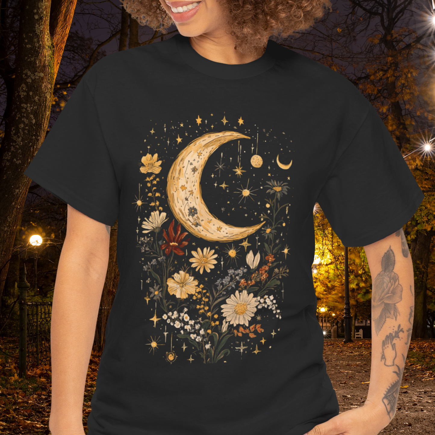 Moonlit Floral Unisex Heavy Cotton Tee | Nature Vibe, Gift for Her, Boho Style, Starry Night, Occasions