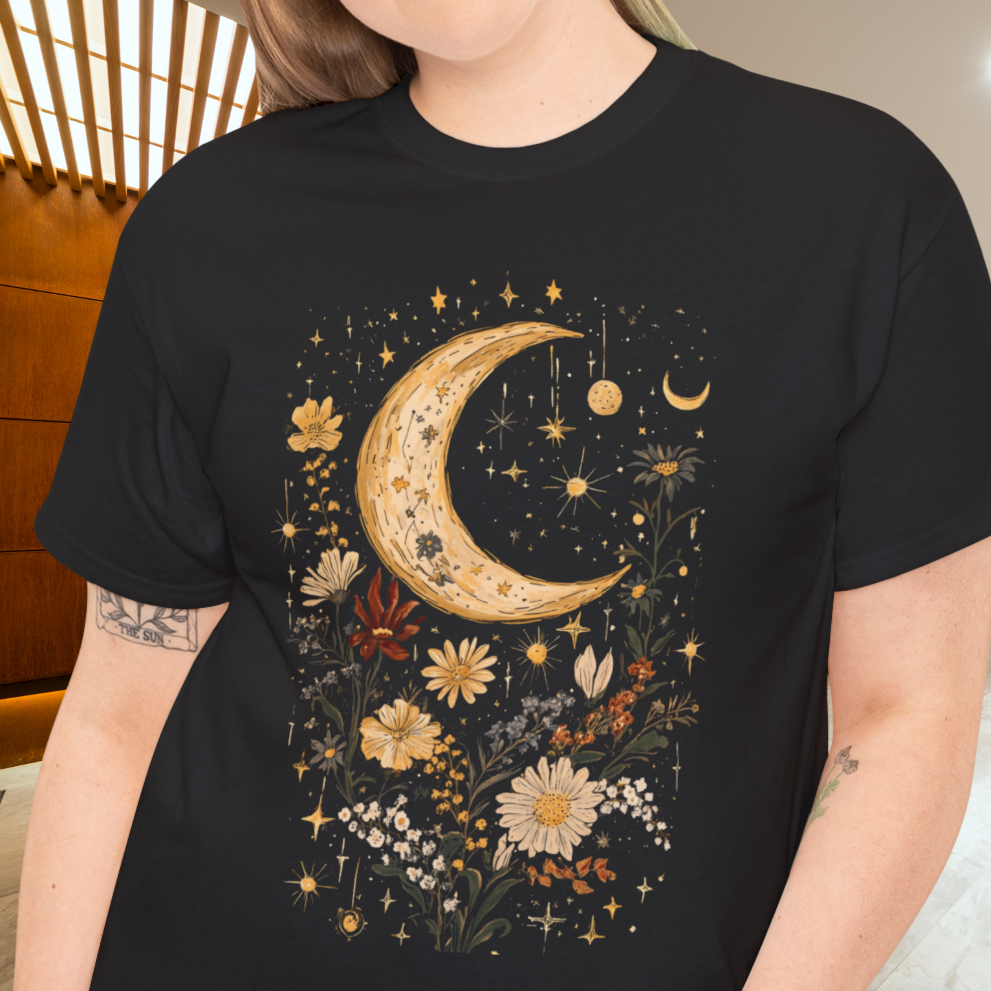 Moonlit Floral Unisex Heavy Cotton Tee | Nature Vibe, Gift for Her, Boho Style, Starry Night, Occasions