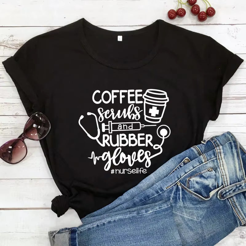 For the Love of Coffee & Nursing! ☕💉 'Coffee Scrubs & Rubber Gloves' Funny Nurse Life T-Shirt – Perfect for Nurses Who Love Their Caffeine!