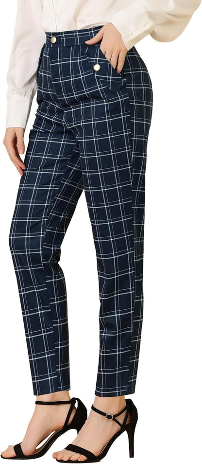 Women'S Vintage Tartan Plaid Pants Elastic Waist Straight Long Trousers