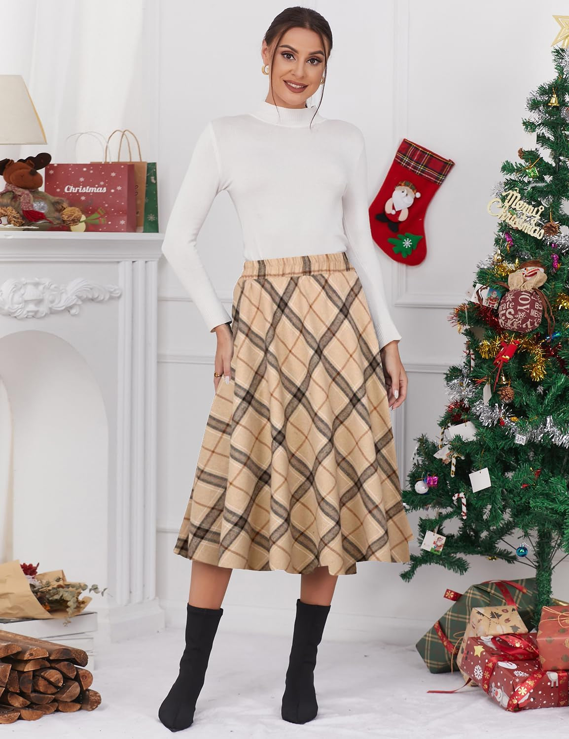 Chic & Comfy 💫 Women’s Plaid A-Line Midi Skirt – Elastic Waist, Pleated Style for Effortless Elegance!