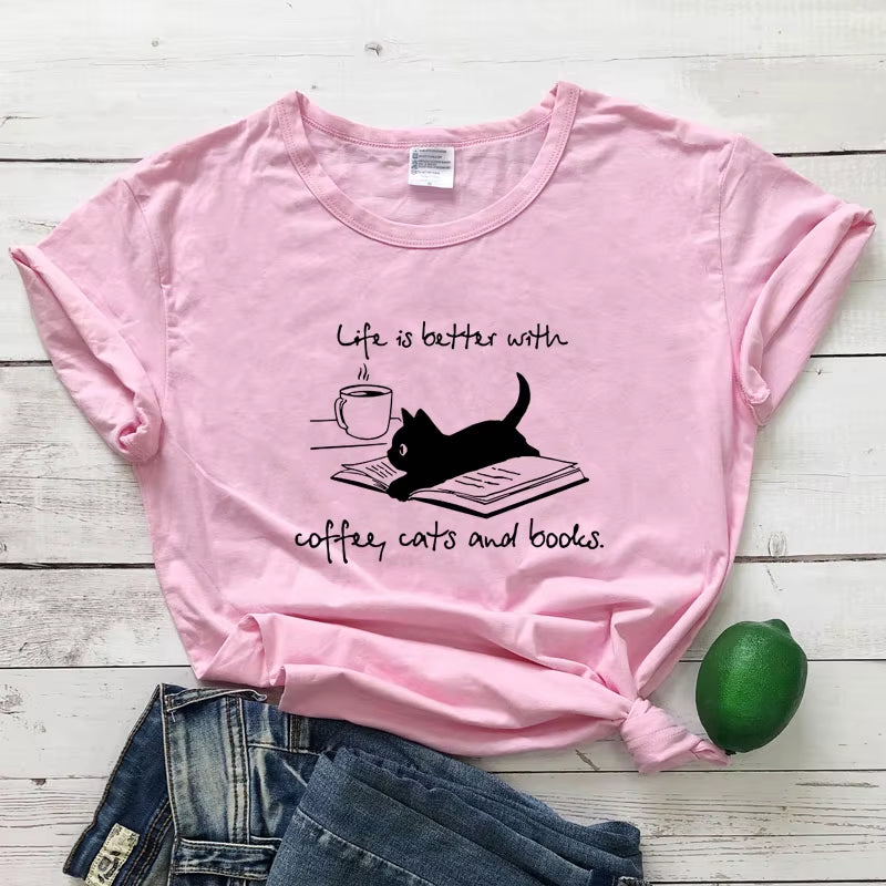 For the Love of Coffee, Cats, and Books! ☕🐾📚 'Life is Better' Funny Cat Mom T-Shirt – Perfect for Summer Reading & Relaxing!