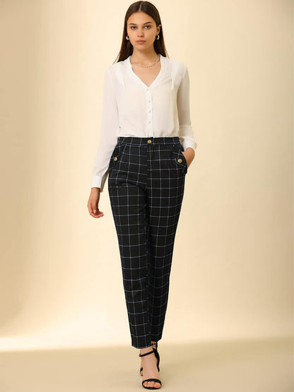 Women'S Vintage Tartan Plaid Pants Elastic Waist Straight Long Trousers