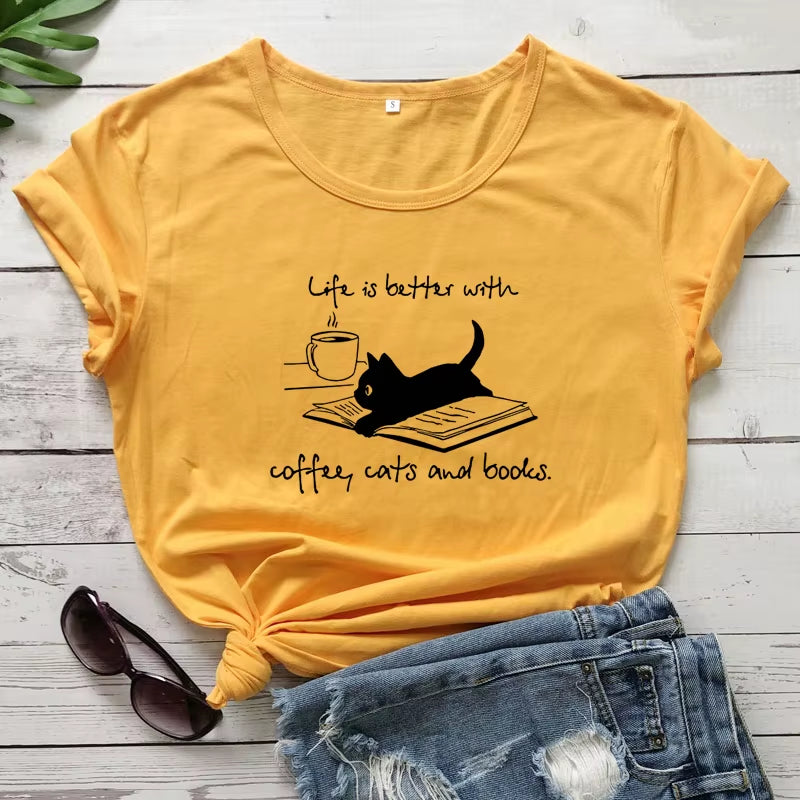 For the Love of Coffee, Cats, and Books! ☕🐾📚 'Life is Better' Funny Cat Mom T-Shirt – Perfect for Summer Reading & Relaxing!