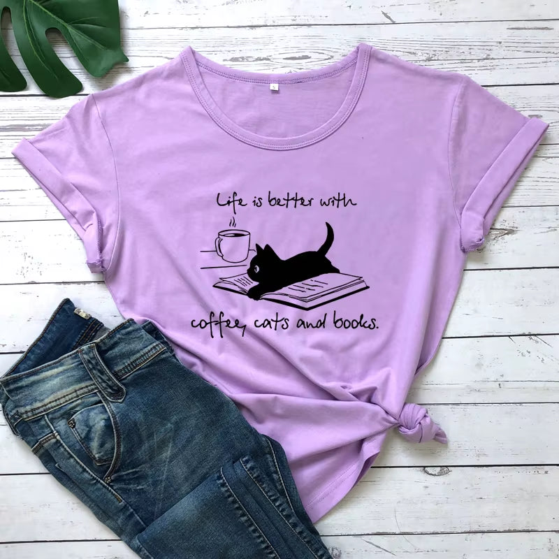 For the Love of Coffee, Cats, and Books! ☕🐾📚 'Life is Better' Funny Cat Mom T-Shirt – Perfect for Summer Reading & Relaxing!