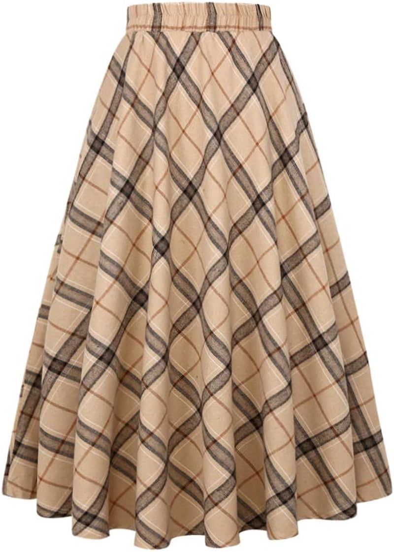 Chic & Comfy 💫 Women’s Plaid A-Line Midi Skirt – Elastic Waist, Pleated Style for Effortless Elegance!