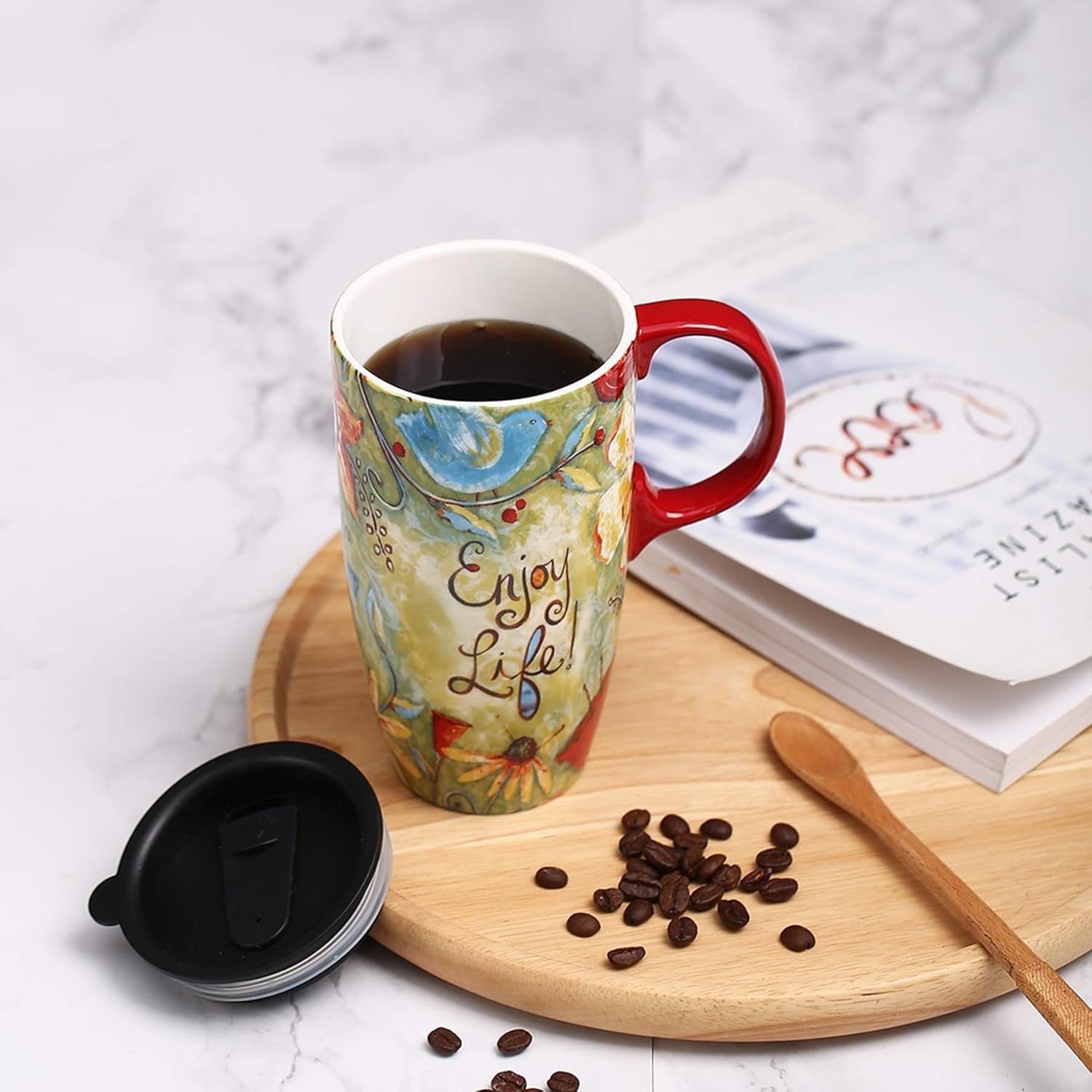 Sip in Style! ☕💖 17oz Ceramic Mug – Perfect for Coffee, Tea & Lattes with Lid – Enjoy Life, Valentine's Day Vibes! 🌟