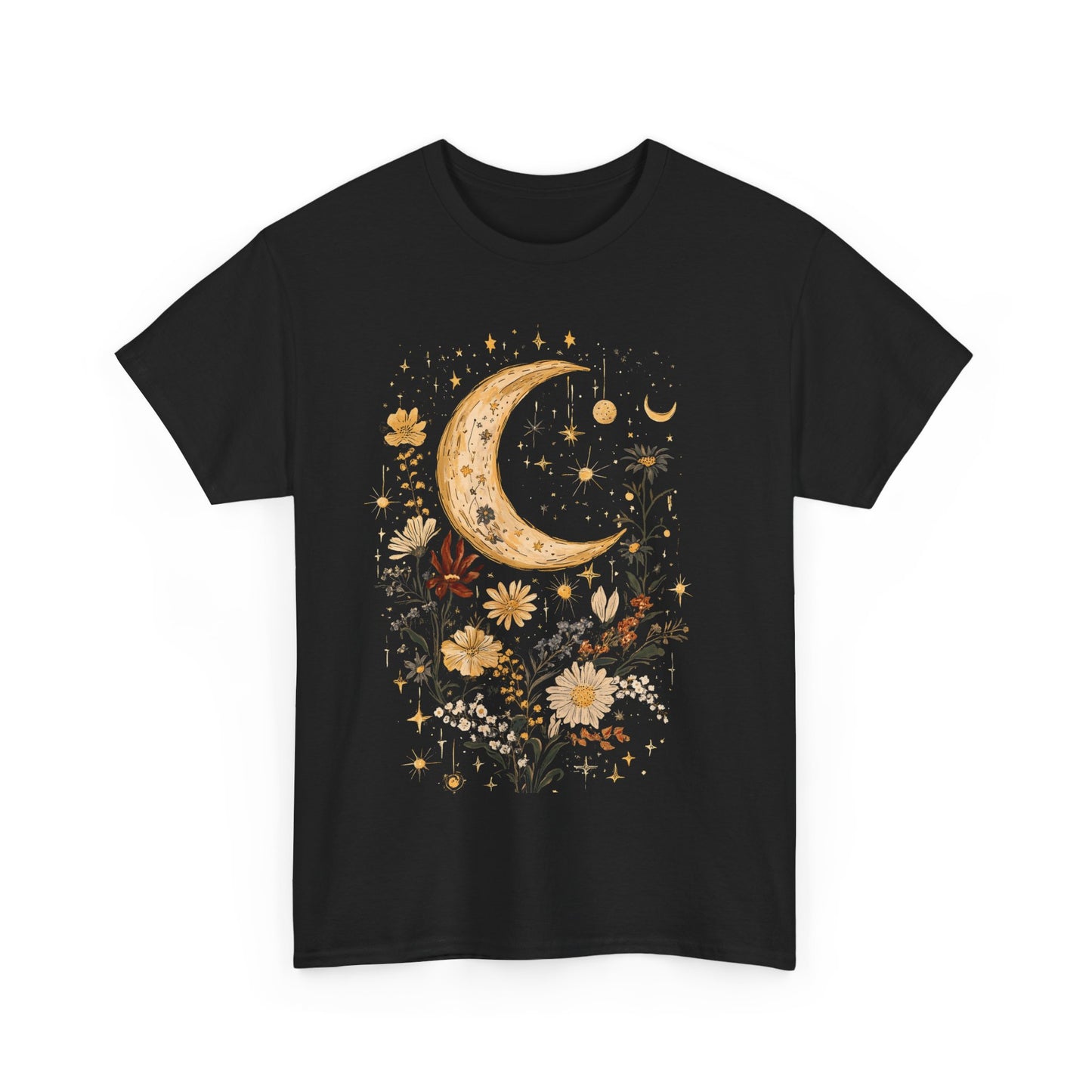 Moonlit Floral Unisex Heavy Cotton Tee | Nature Vibe, Gift for Her, Boho Style, Starry Night, Occasions