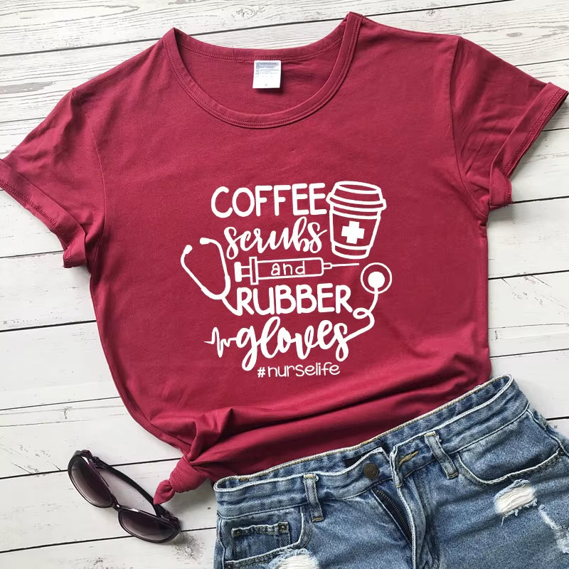 For the Love of Coffee & Nursing! ☕💉 'Coffee Scrubs & Rubber Gloves' Funny Nurse Life T-Shirt – Perfect for Nurses Who Love Their Caffeine!