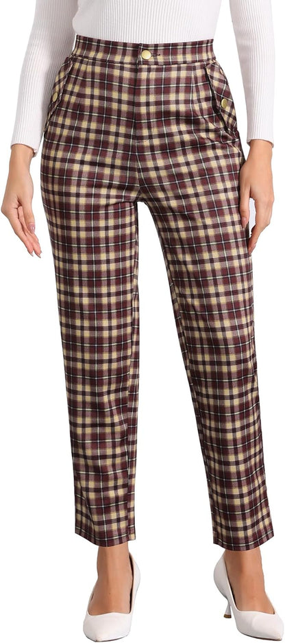 Women'S Vintage Tartan Plaid Pants Elastic Waist Straight Long Trousers