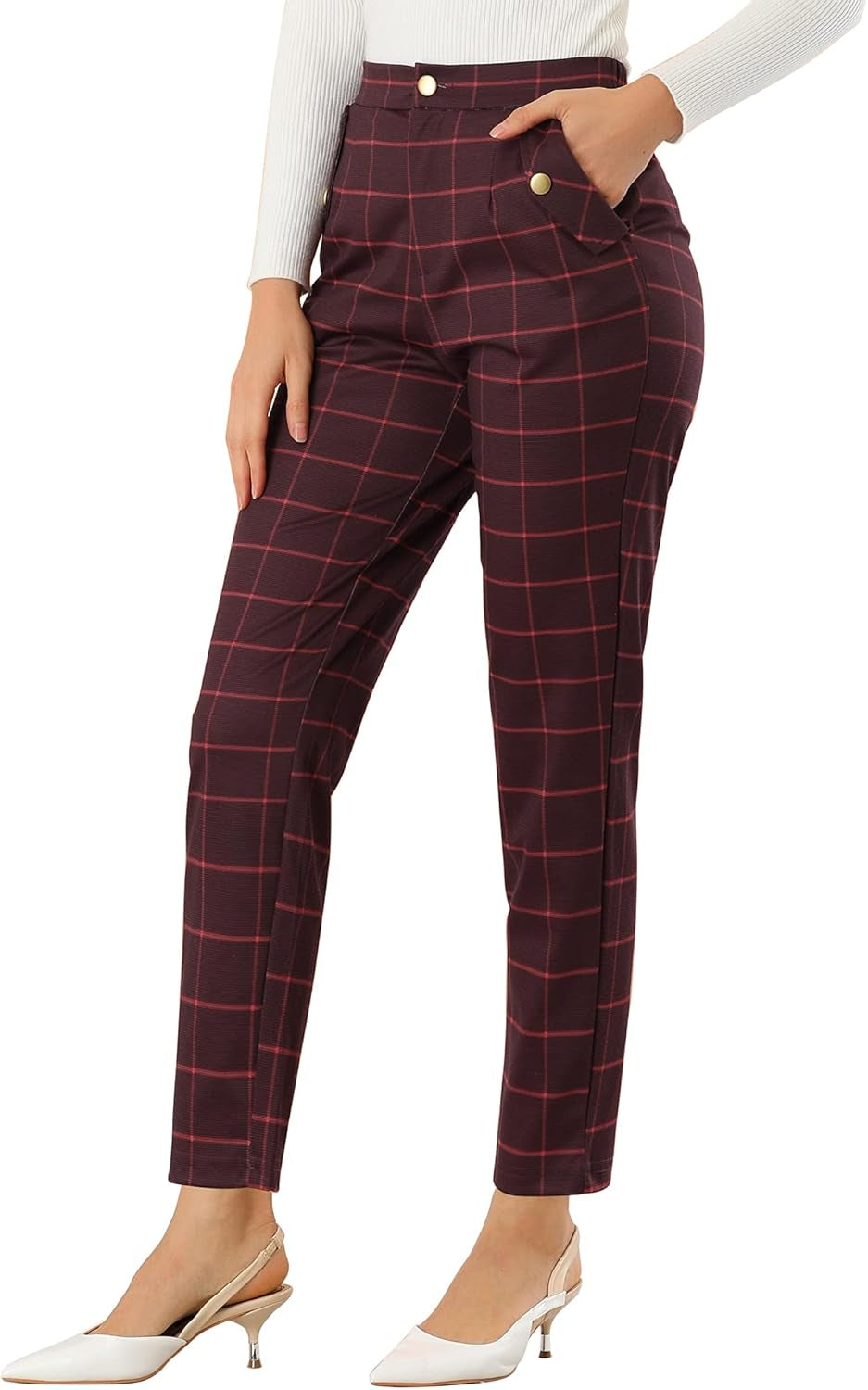 Women'S Vintage Tartan Plaid Pants Elastic Waist Straight Long Trousers