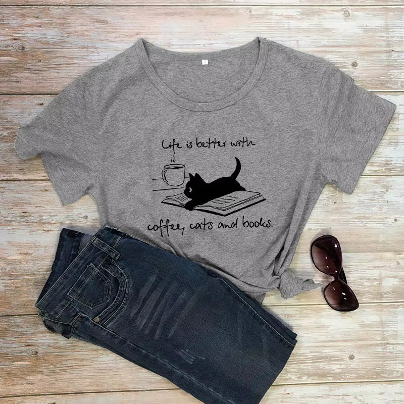 For the Love of Coffee, Cats, and Books! ☕🐾📚 'Life is Better' Funny Cat Mom T-Shirt – Perfect for Summer Reading & Relaxing!