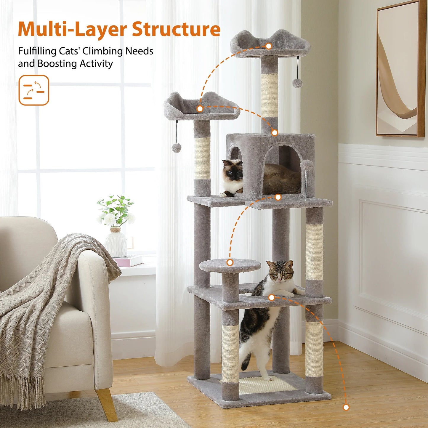 🐱 Ultimate Cat Paradise: 63" Cat Tree with Scratching Pad & Cozy Condo! 🏰✨ (Gray, Perfect for Indoor Cats)