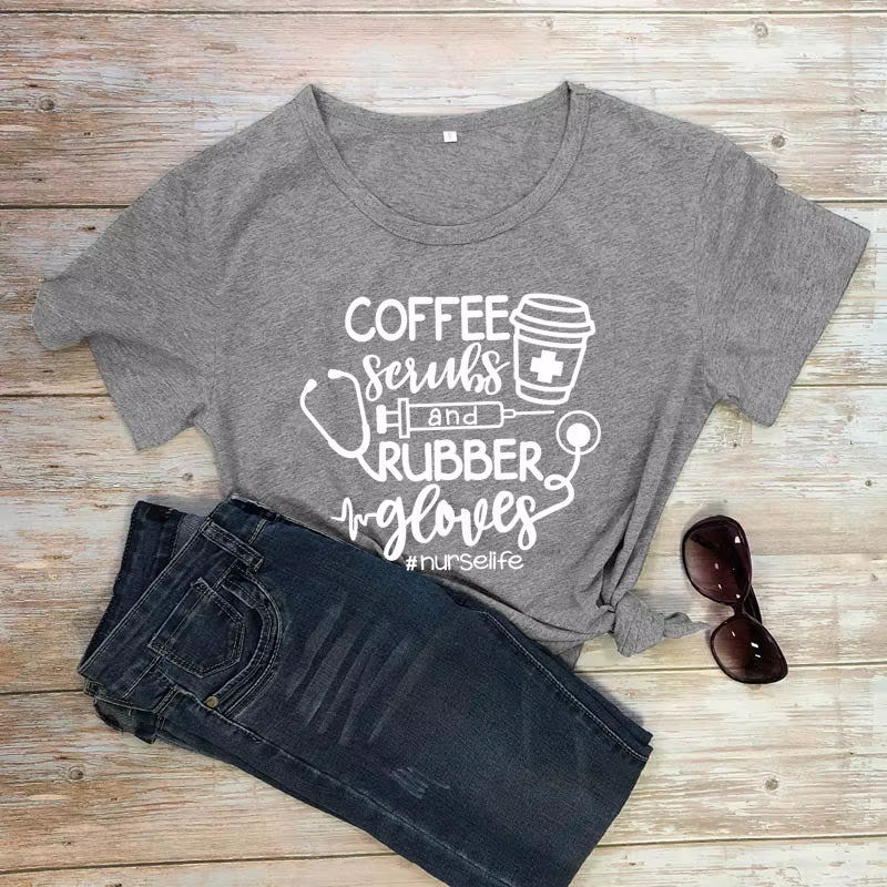 For the Love of Coffee & Nursing! ☕💉 'Coffee Scrubs & Rubber Gloves' Funny Nurse Life T-Shirt – Perfect for Nurses Who Love Their Caffeine!