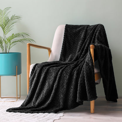 Large Flannel Fleece Throw Blanket, Jacquard Weave Leaves Pattern (50" X 70", Black)- Soft, Warm, Lightweight