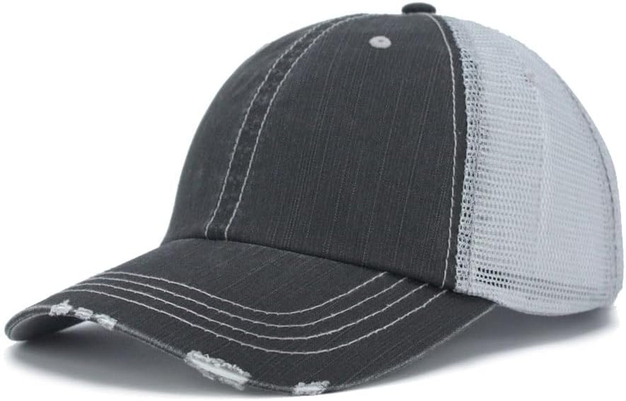 Washed Cotton Low Profile Mesh Adjustable Trucker Baseball Cap (Distressed Black)