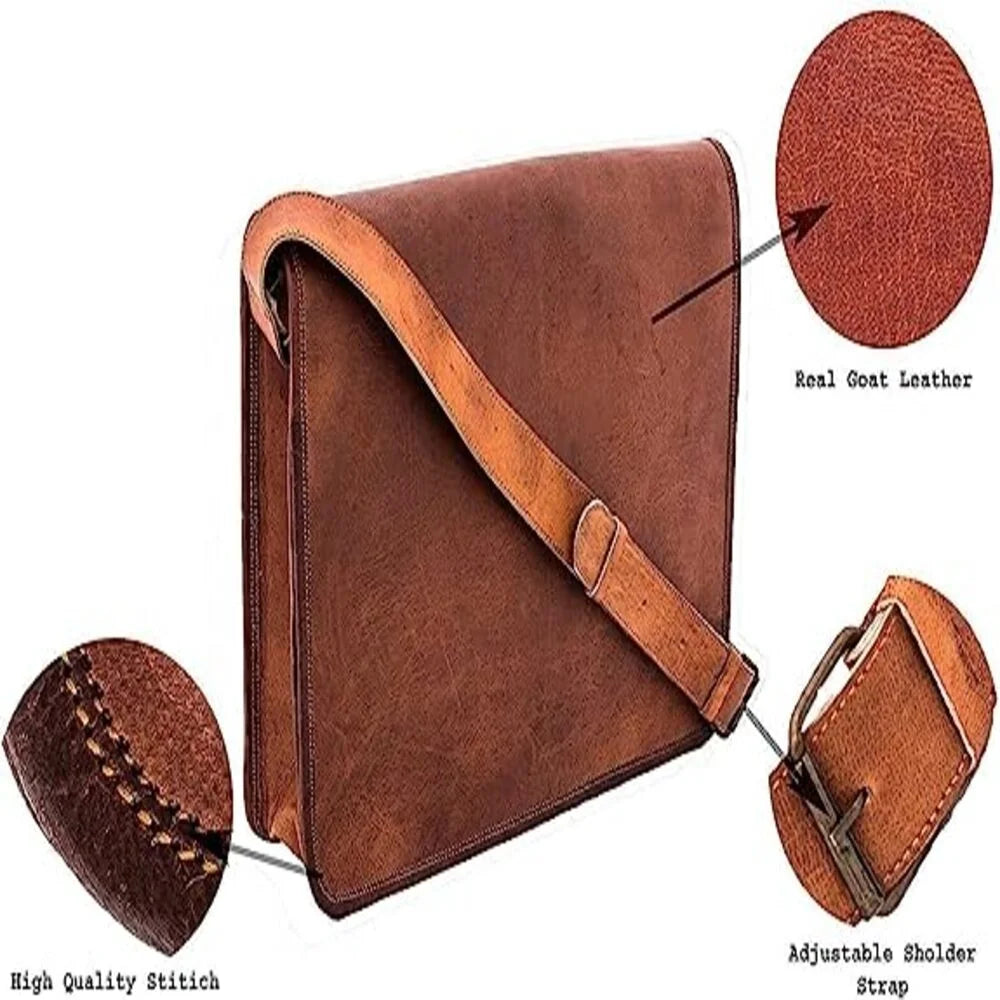 Sophisticated & Durable 👜 Goat Leather & Canvas Messenger Bag – Full Flap, Padded Shoulder Strap for Your Laptop & Everyday Essentials!