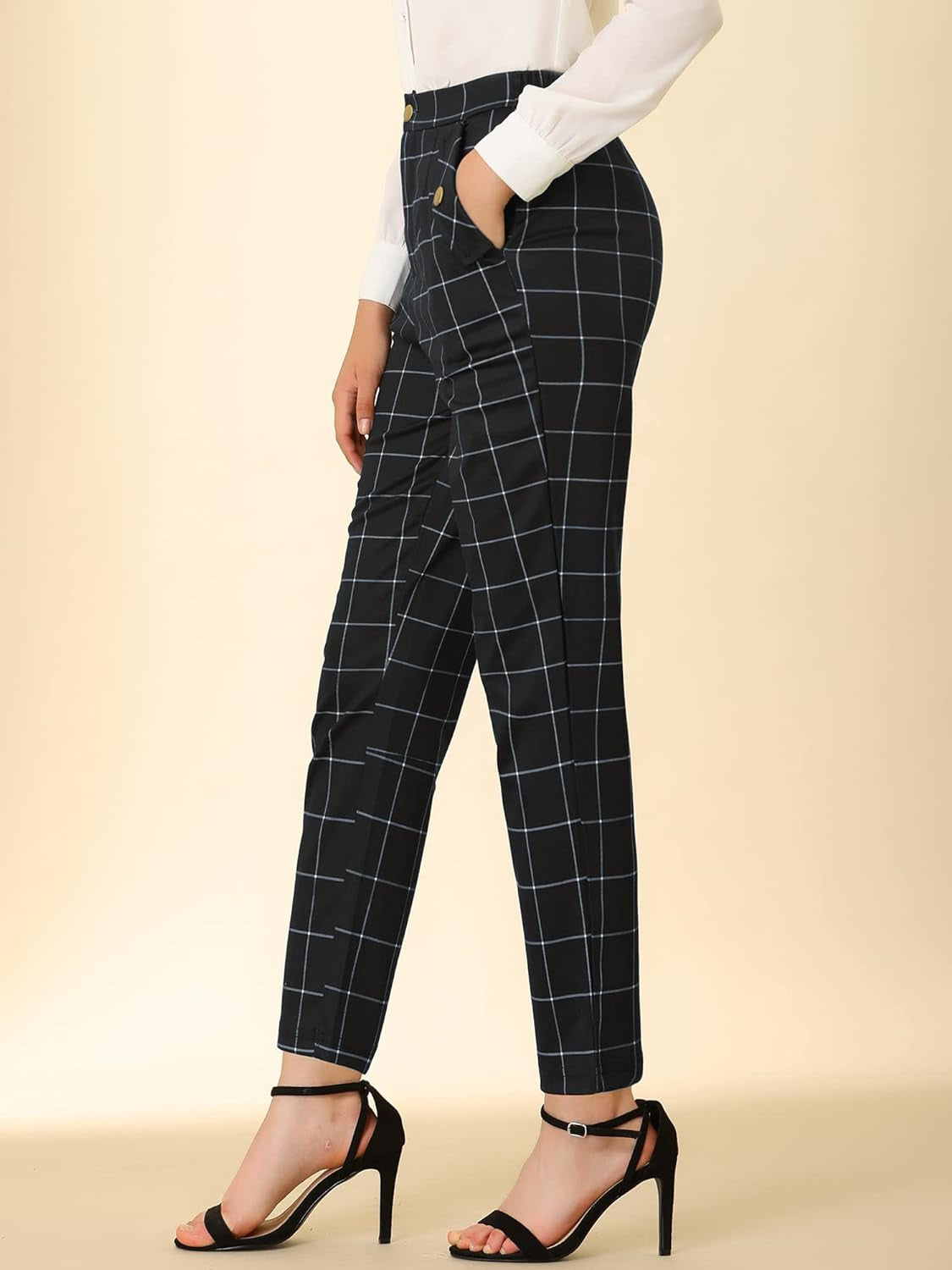 Women'S Vintage Tartan Plaid Pants Elastic Waist Straight Long Trousers