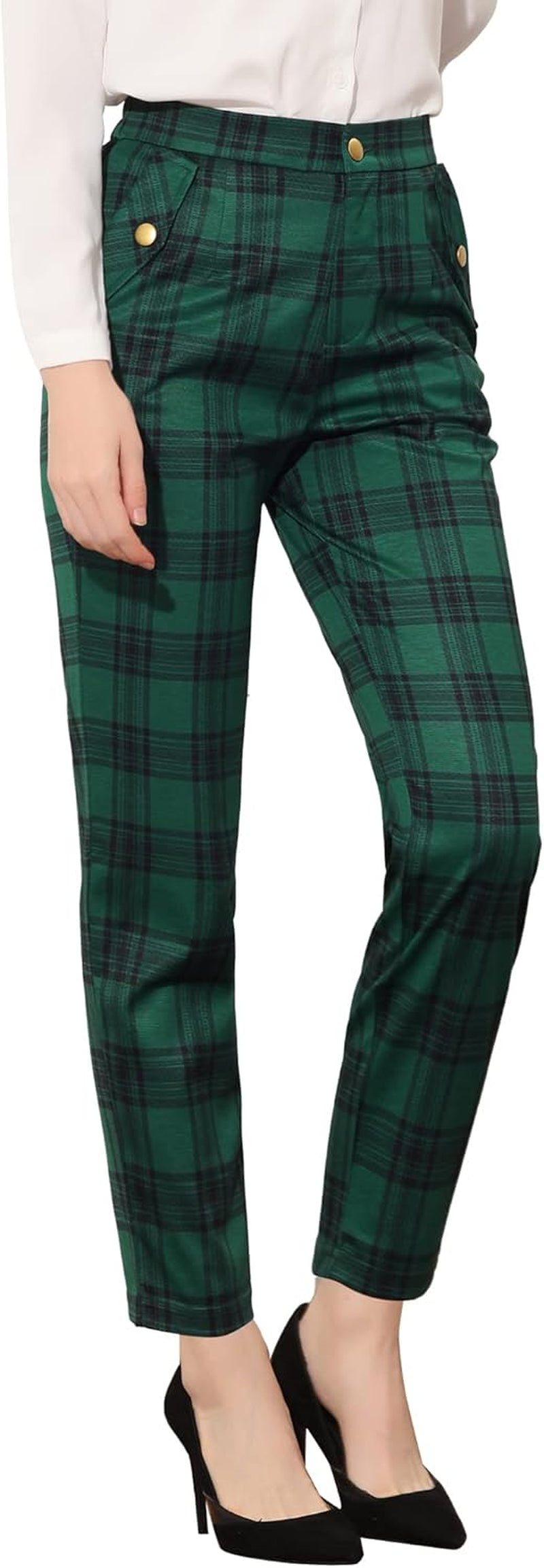 Women'S Vintage Tartan Plaid Pants Elastic Waist Straight Long Trousers