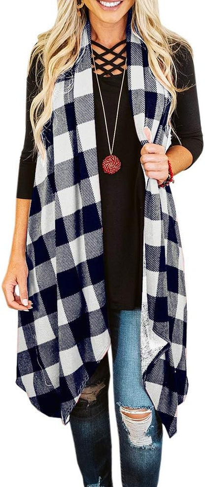 Chic & Cozy ✨ Women's Plaid Sleeveless Duster Cardigan – Lightweight, Open Front with Pockets for Effortless Style!