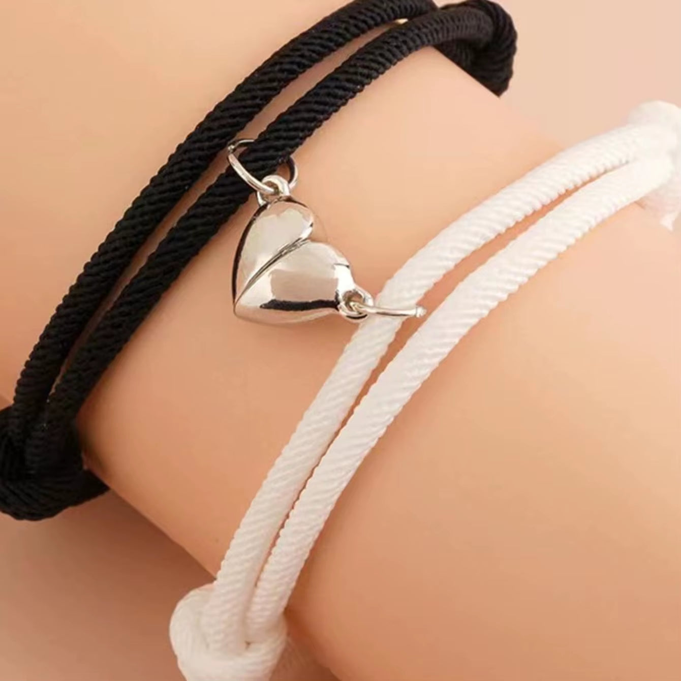 Show Your Bond in Style! 💫 Black & White Hand Rope Magnetic Couple Bracelets – Perfect for Friends, Brothers, or Travel – Elegant Silver Design!