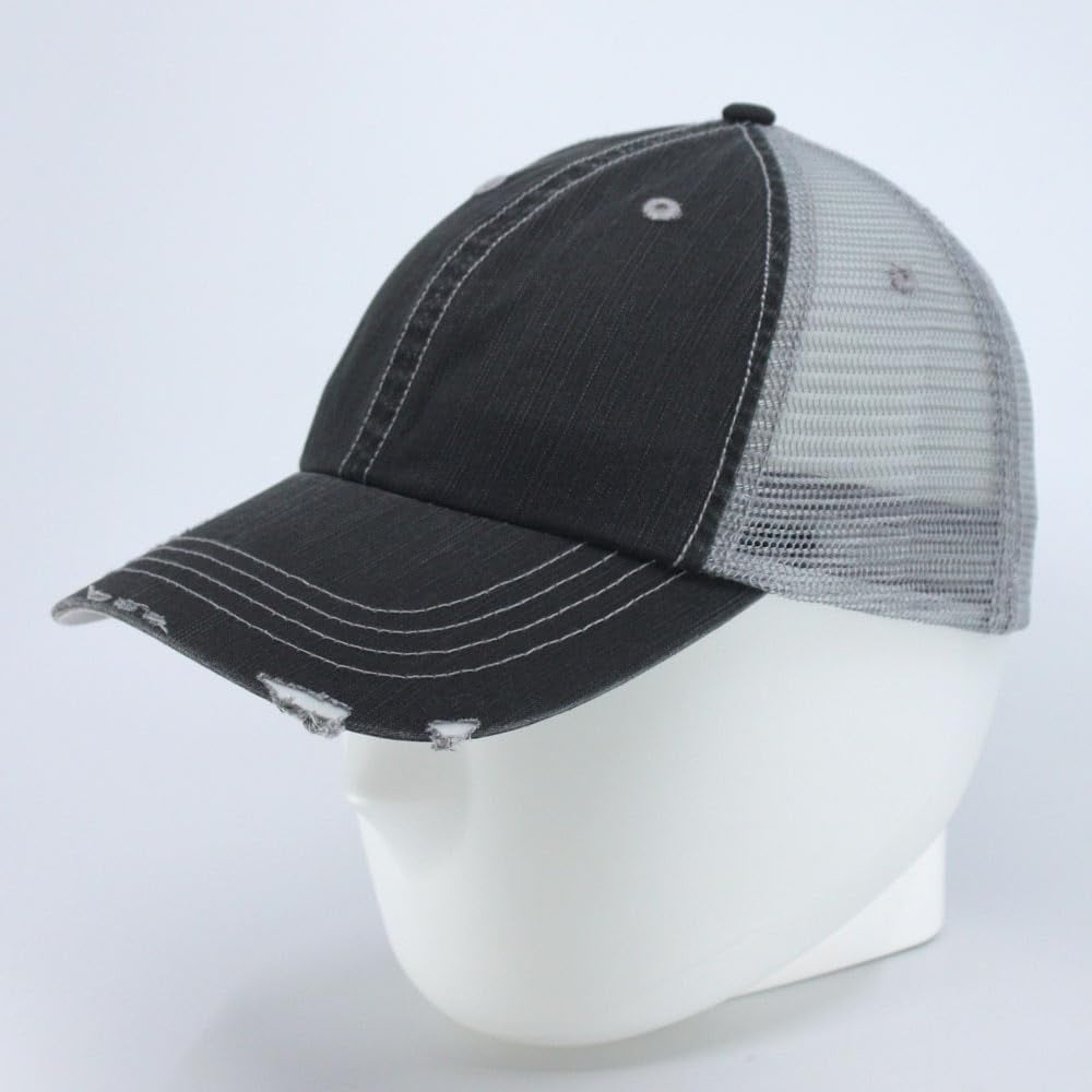 Washed Cotton Low Profile Mesh Adjustable Trucker Baseball Cap (Distressed Black)