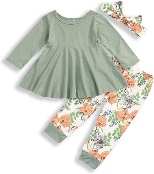 Adorable and Stylish! 🌸 Toddler Baby Girl Outfit – Solid Color Ruffle Top, Floral Pants & Cute Headband Set for a Perfect Look!