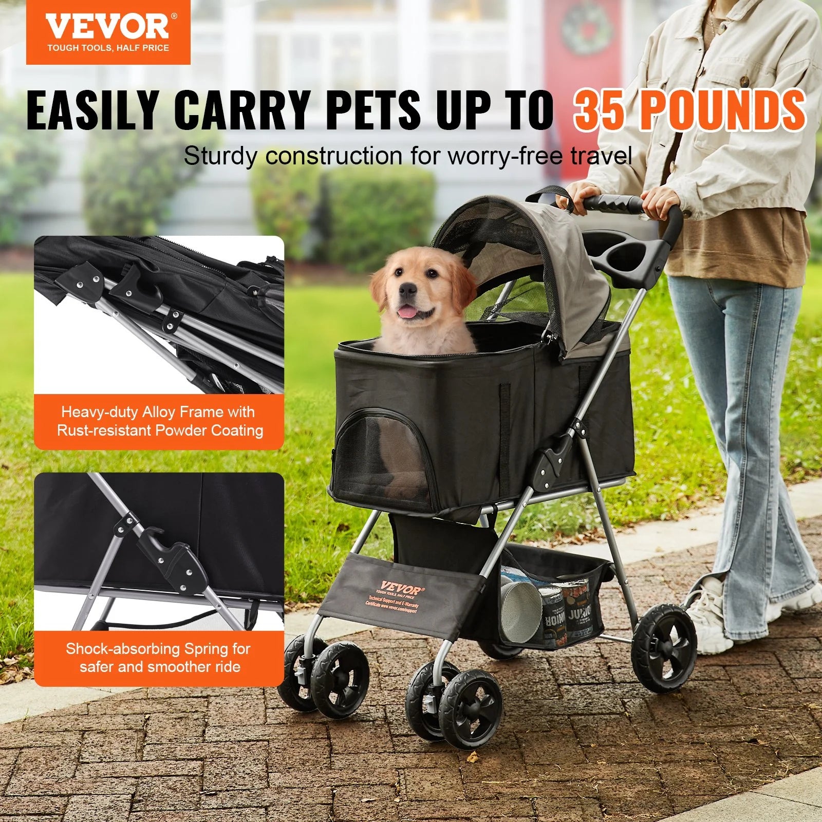 🐾 Travel in Style: VEVOR Pet Stroller with 4 Wheels, Brakes & Detachable Carrier! 🚶‍♂️🐶 (Black & Dark Grey, 35lbs Capacity)