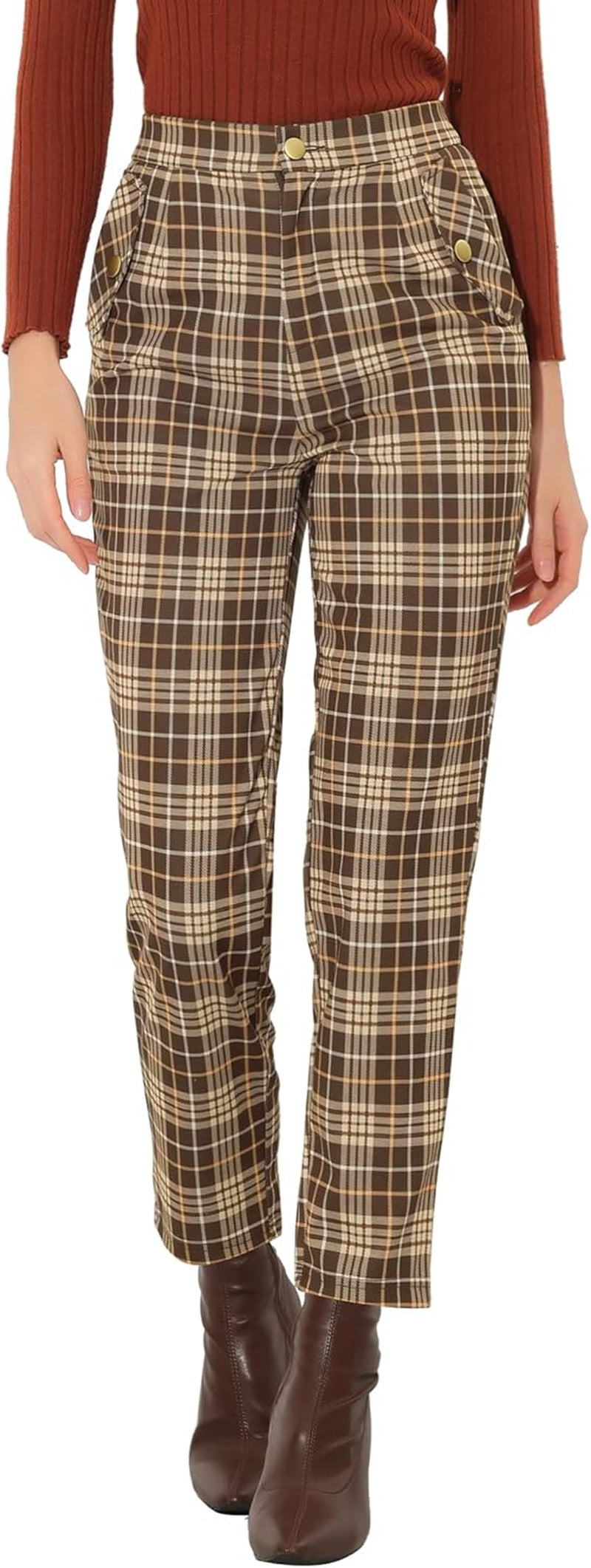 Women'S Vintage Tartan Plaid Pants Elastic Waist Straight Long Trousers