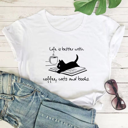 For the Love of Coffee, Cats, and Books! ☕🐾📚 'Life is Better' Funny Cat Mom T-Shirt – Perfect for Summer Reading & Relaxing!