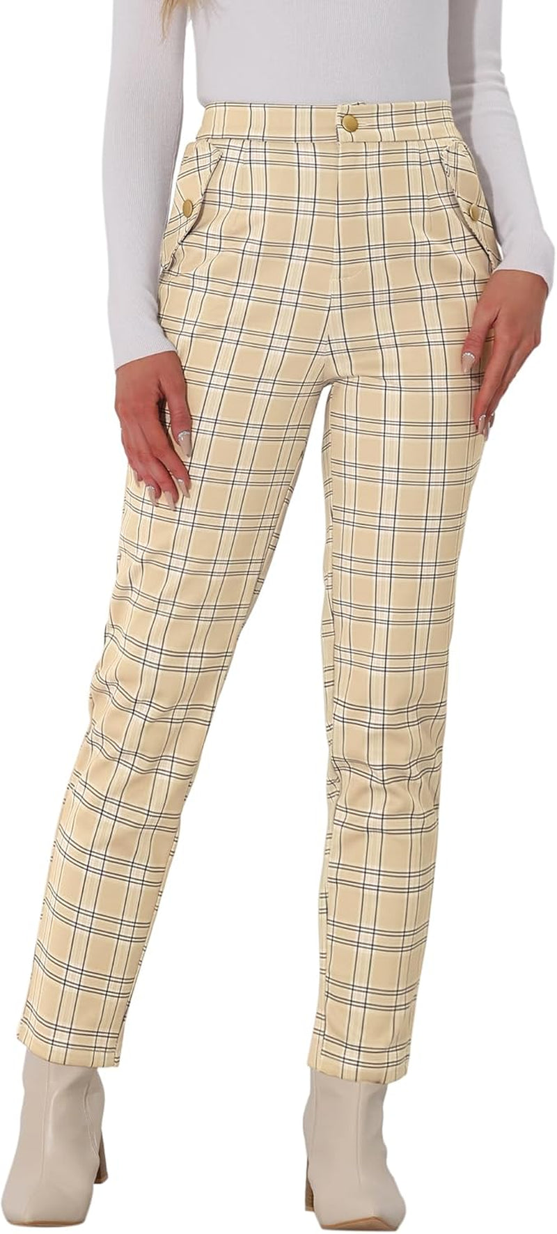 Women'S Vintage Tartan Plaid Pants Elastic Waist Straight Long Trousers