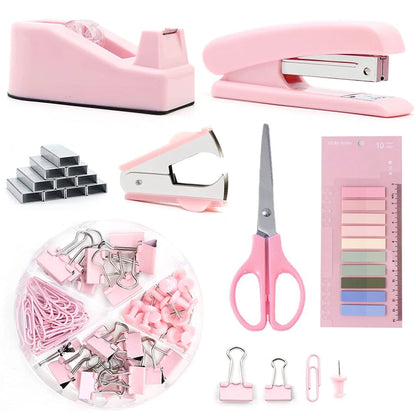 Add a Pop of Pink to Your Desk! 🌸 Complete Office Supplies Set – Stapler, Tape Dispenser, Scissors & More in Chic Pink for a Stylish Workspace!