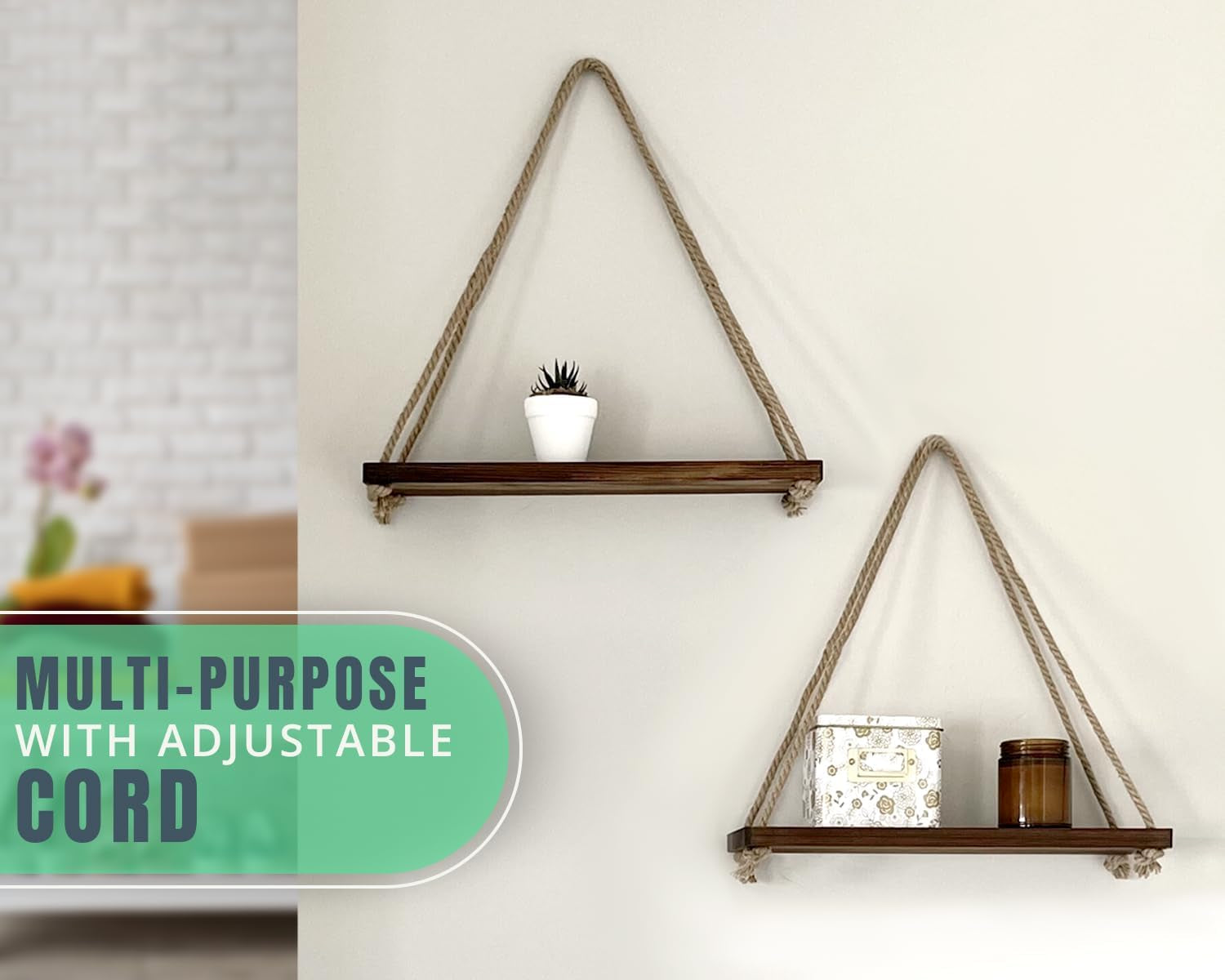 🌿 Stylish Storage: Rustic Hanging Shelves for Wall – Perfect for Boho & Farmhouse Vibes! 🏡✨ (Set of 2, Brown)