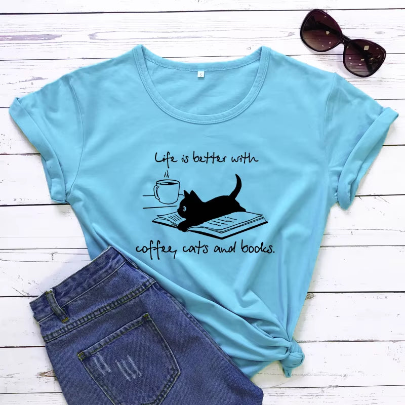 For the Love of Coffee, Cats, and Books! ☕🐾📚 'Life is Better' Funny Cat Mom T-Shirt – Perfect for Summer Reading & Relaxing!