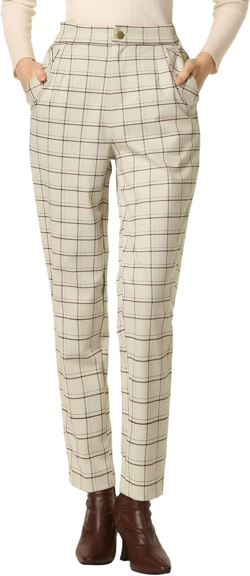 Women'S Vintage Tartan Plaid Pants Elastic Waist Straight Long Trousers