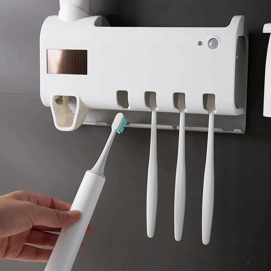 Say Goodbye to Germs! ✨ UV Toothbrush Holder & Cleaner + Automatic Toothpaste Dispenser in One!