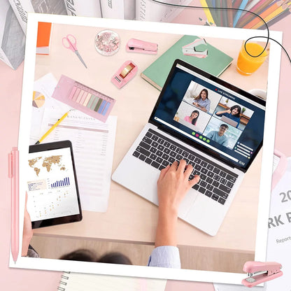 Add a Pop of Pink to Your Desk! 🌸 Complete Office Supplies Set – Stapler, Tape Dispenser, Scissors & More in Chic Pink for a Stylish Workspace!