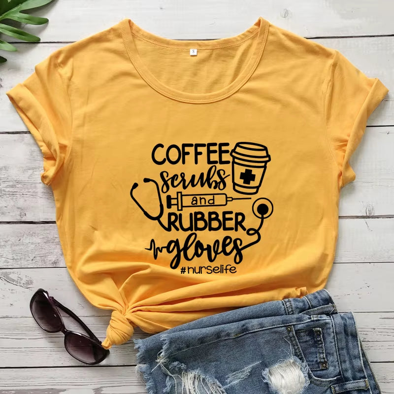 For the Love of Coffee & Nursing! ☕💉 'Coffee Scrubs & Rubber Gloves' Funny Nurse Life T-Shirt – Perfect for Nurses Who Love Their Caffeine!